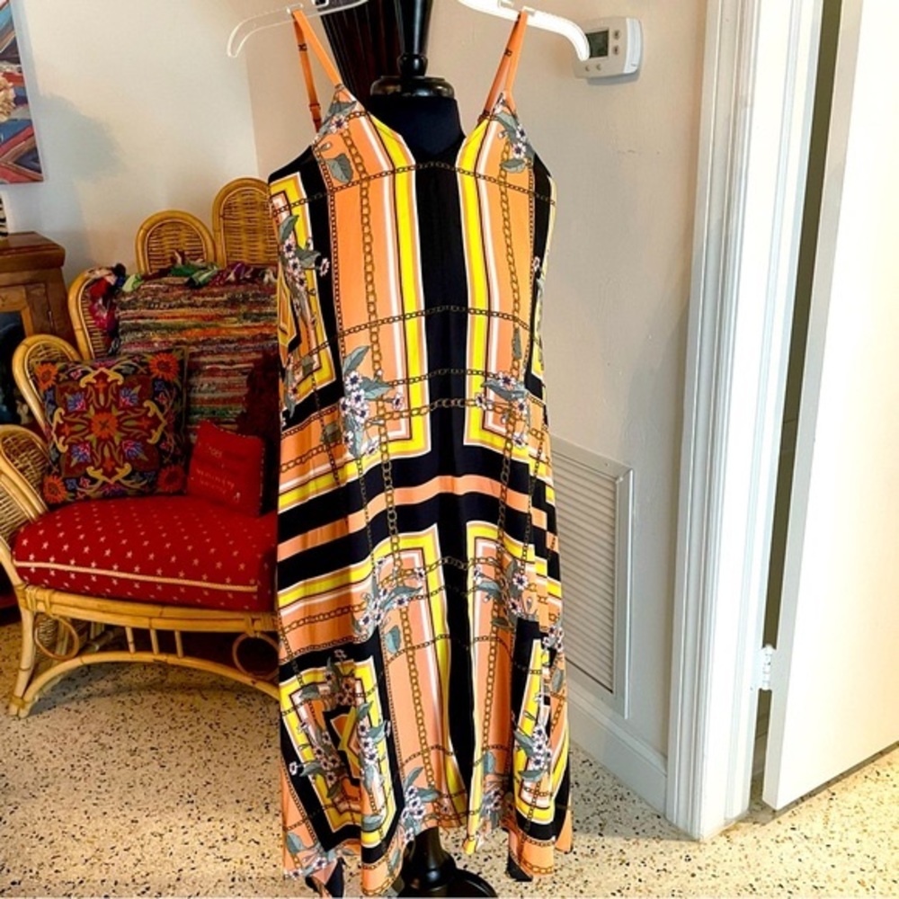 NANETTE LEPORE Long Print handkerchief hem Dress! Like new! Spaghetti straps